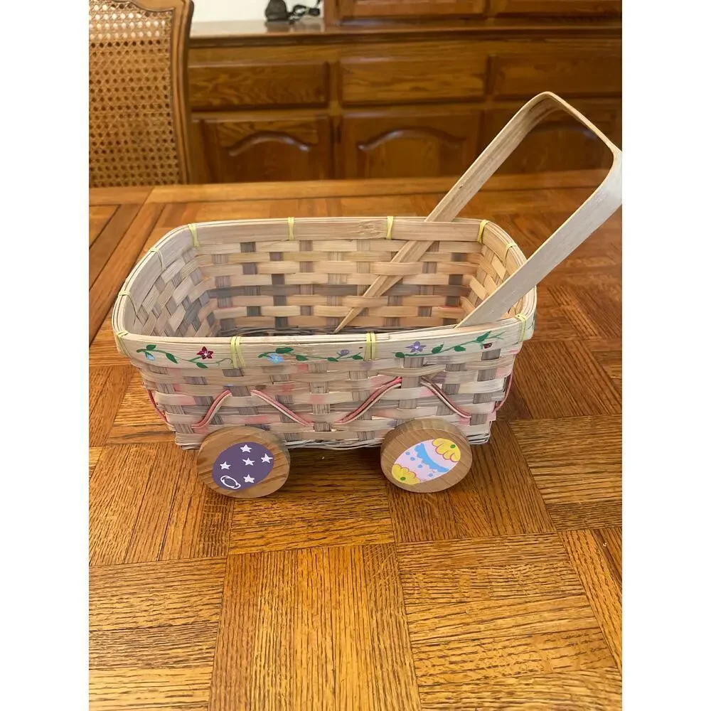 Woven wicker Easter pushcart basket with wooden wheels